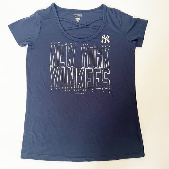 Women's Campus Lifestyle MLB NY Yankees Navy Blue Tee Shirt‎ Sz S Criss Cross - Picture 1 of 5